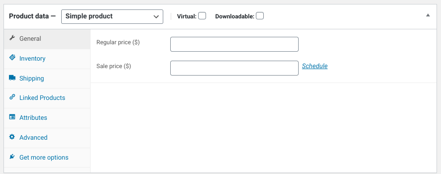 The WooCommerce product data box in WordPress.