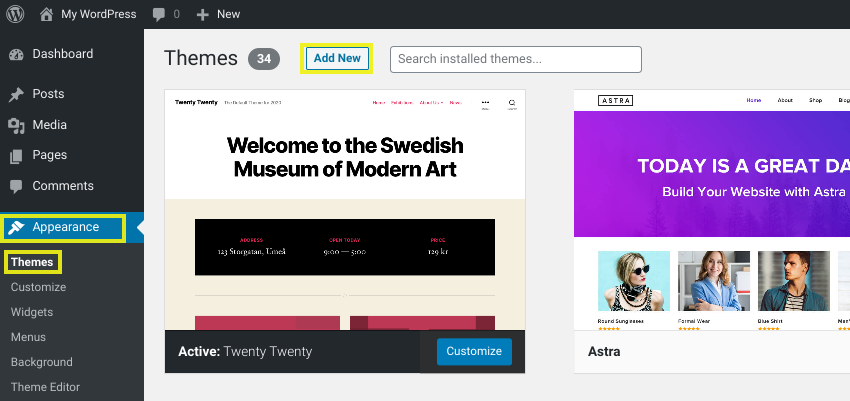 The screen to add a new theme in WordPress.