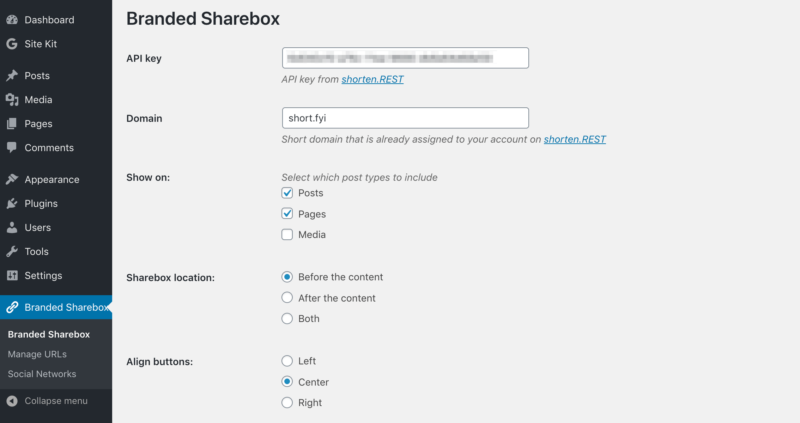 Adding the API key and domain to the Branded Sharebox plugin settings.