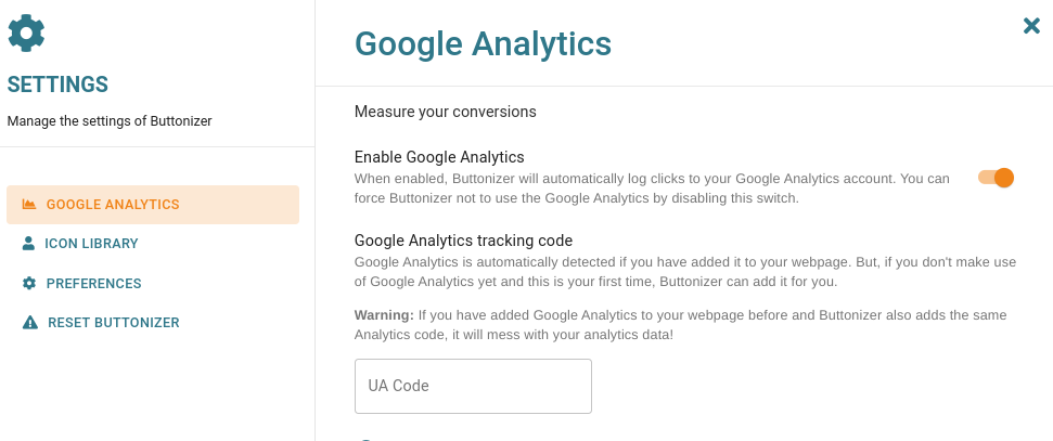 The Google Analytics settings page in the Buttonizer WordPress plugin.