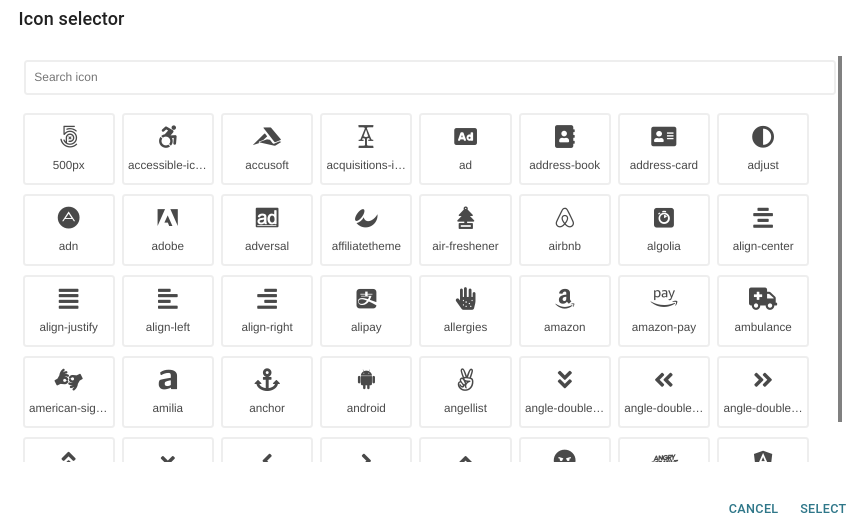 The 'icon selector' module in the Buttonizer WordPress plugin. 
