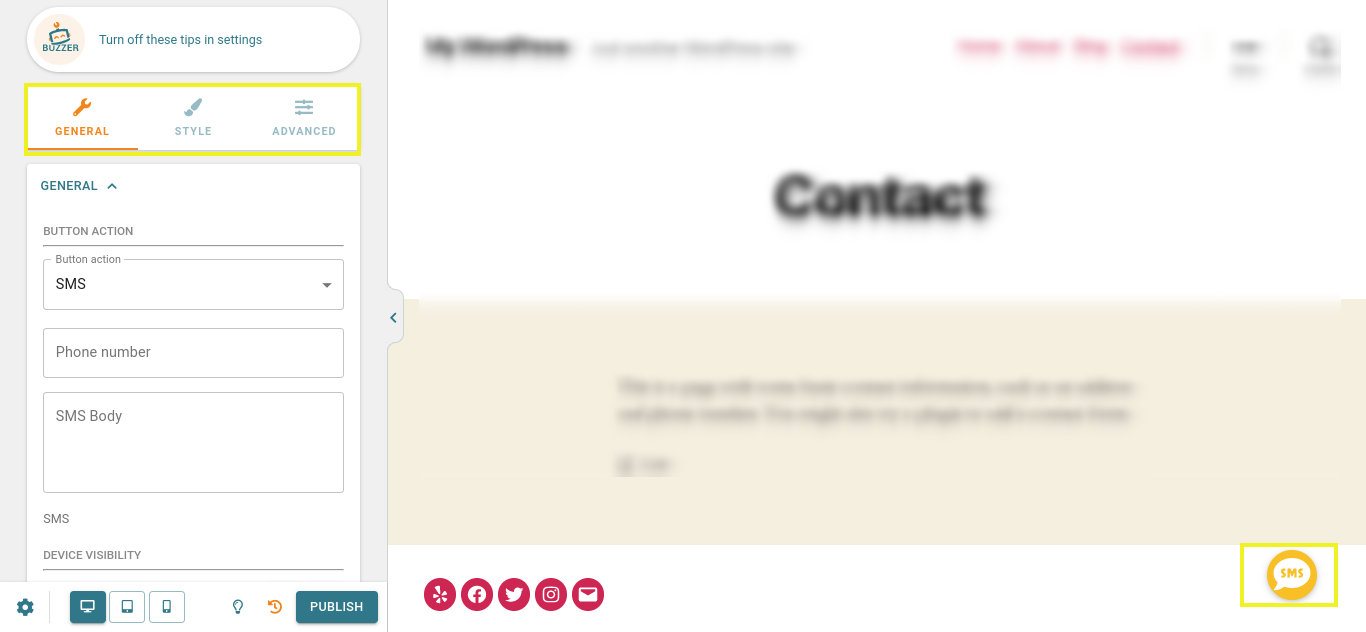 The frontend editor interface of the Buttonizer plugin.