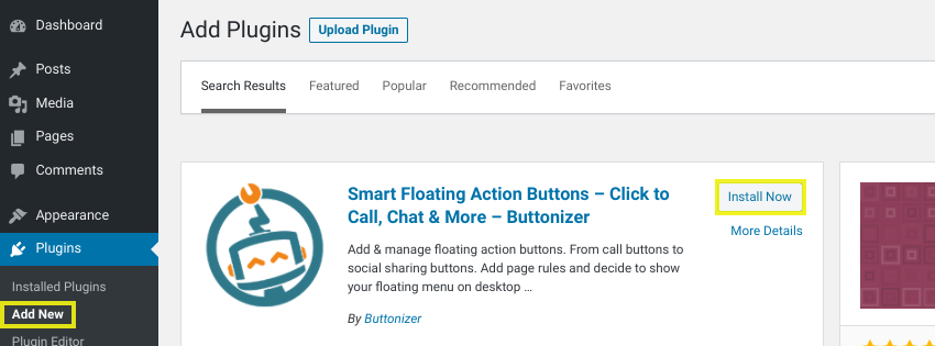 The plugin page in WordPress to install the Smart Floating Action Buttons plugin.