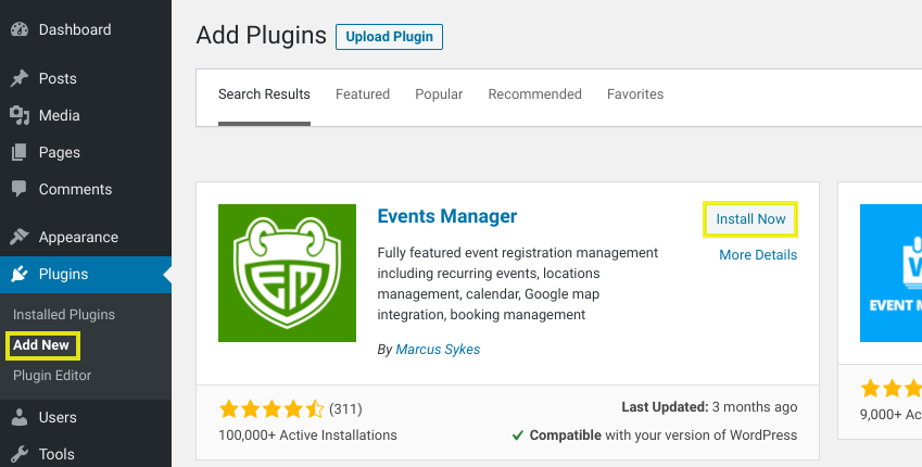 The screen to add a new event management plugin in WordPress.