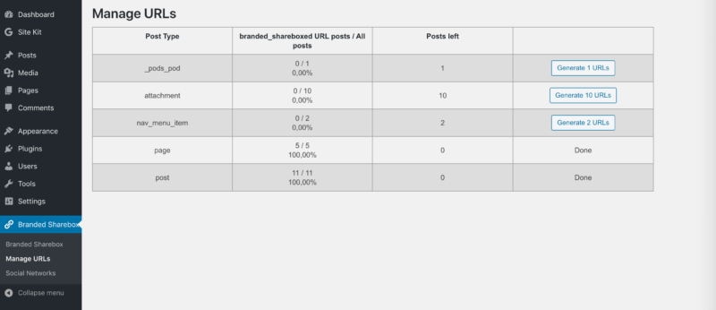 The Manage URLs settings for Branded Sharebox.