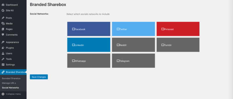 Choosing which social networks to include in the branded sharebox.