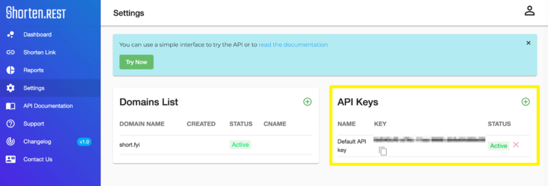 Retrieving the API key from Shorten.REST.