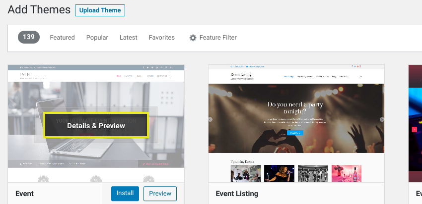 The 'Details & Preview' option on a WordPress theme.