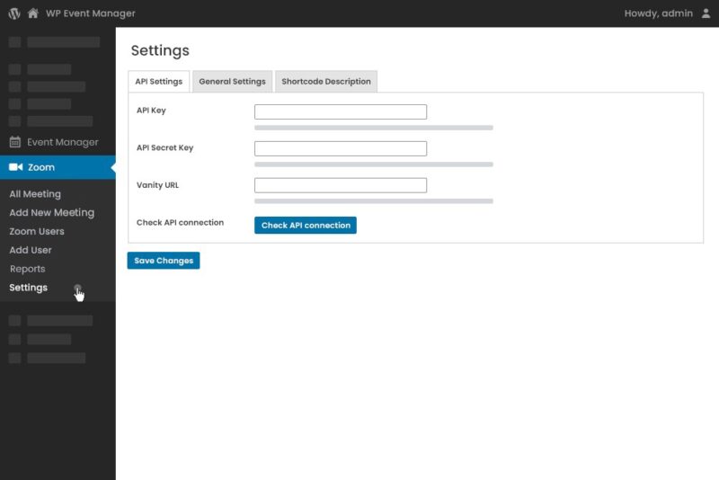 The Zoom API connection and settings in the admin panel.