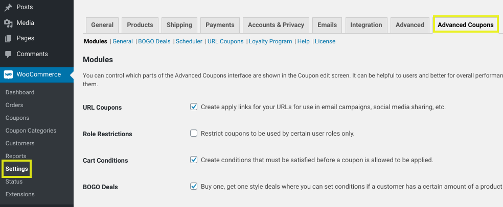 The Advanced Coupons settings page.