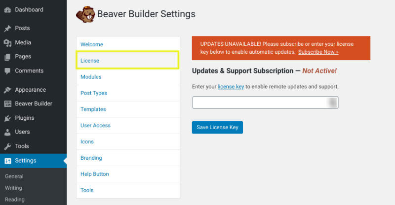 The Beaver Builder plugin settings page in WordPress.