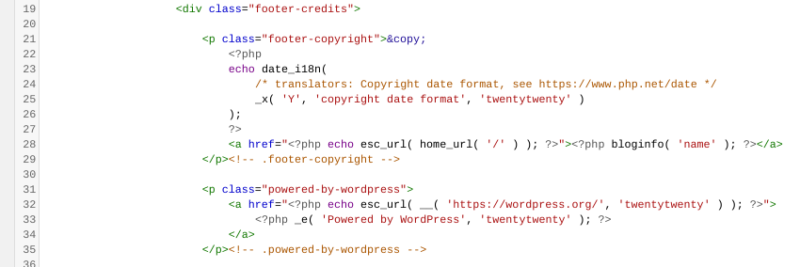 The 'Powered by WordPress' footer code in the 'footer.php' file of the WordPress Theme Editor.