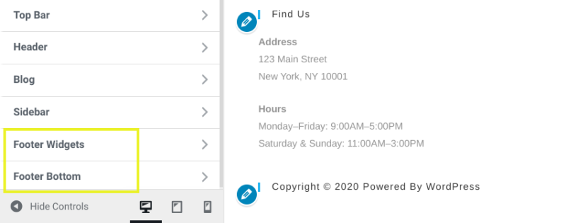 Footer settings in the WordPress Theme Customizer.