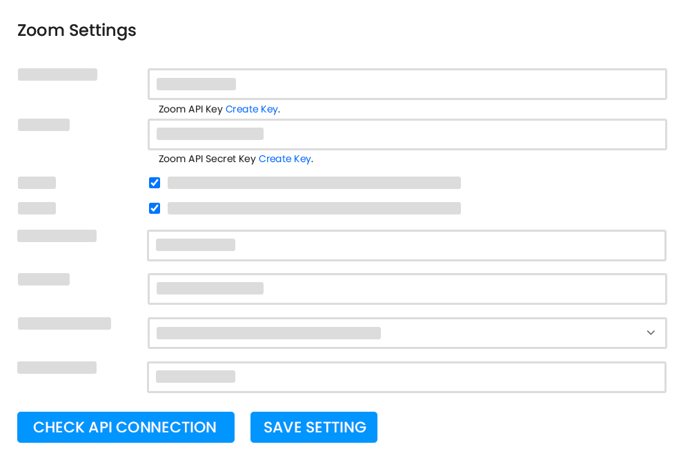 The WP Event Manager Zoom settings page.