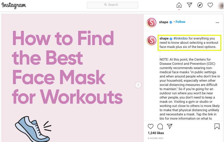 An Instagram post that uses the caption to direct to the link bio.