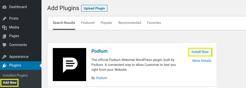 The Podium plugin on the WordPress plugins page.