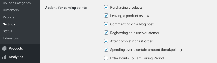 The 'Actions for earning points' section in the WooCommerce loyalty program settings. 