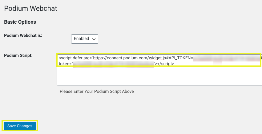 The Podium Webchat plugin settings page.