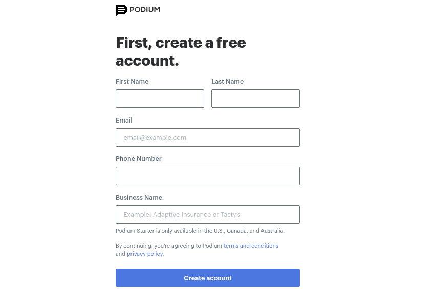The account signup page on Podium Webchat