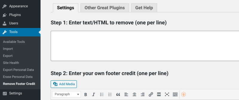 The settings page of the Remove Footer Credit WordPress plugin.