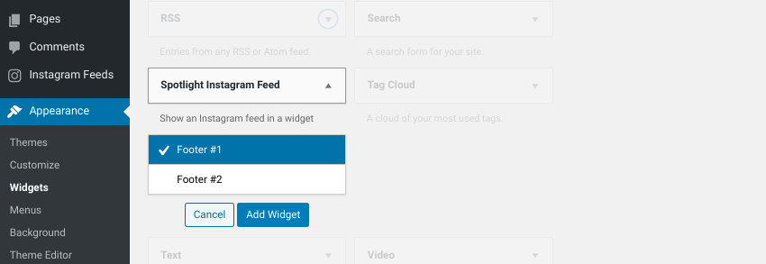 The Spotlight Instagram Feed widget area in WordPress.