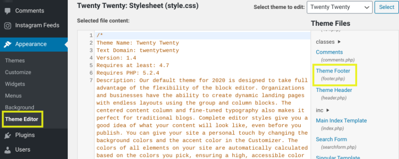 The 'footer.php' file in the WordPress Theme Editor.