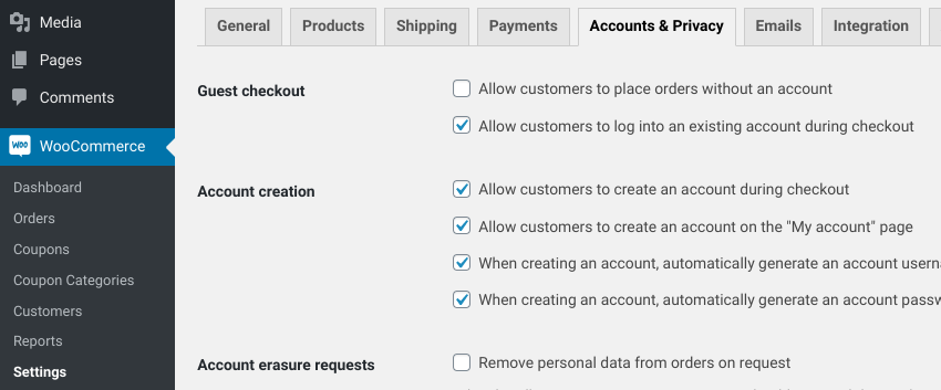 The 'Accounts & Privacy' settings page in WooCommerce.