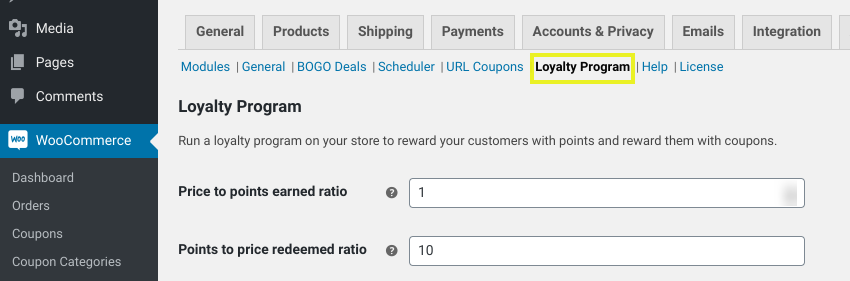 The WooCommerce loyalty program settings in WordPress.