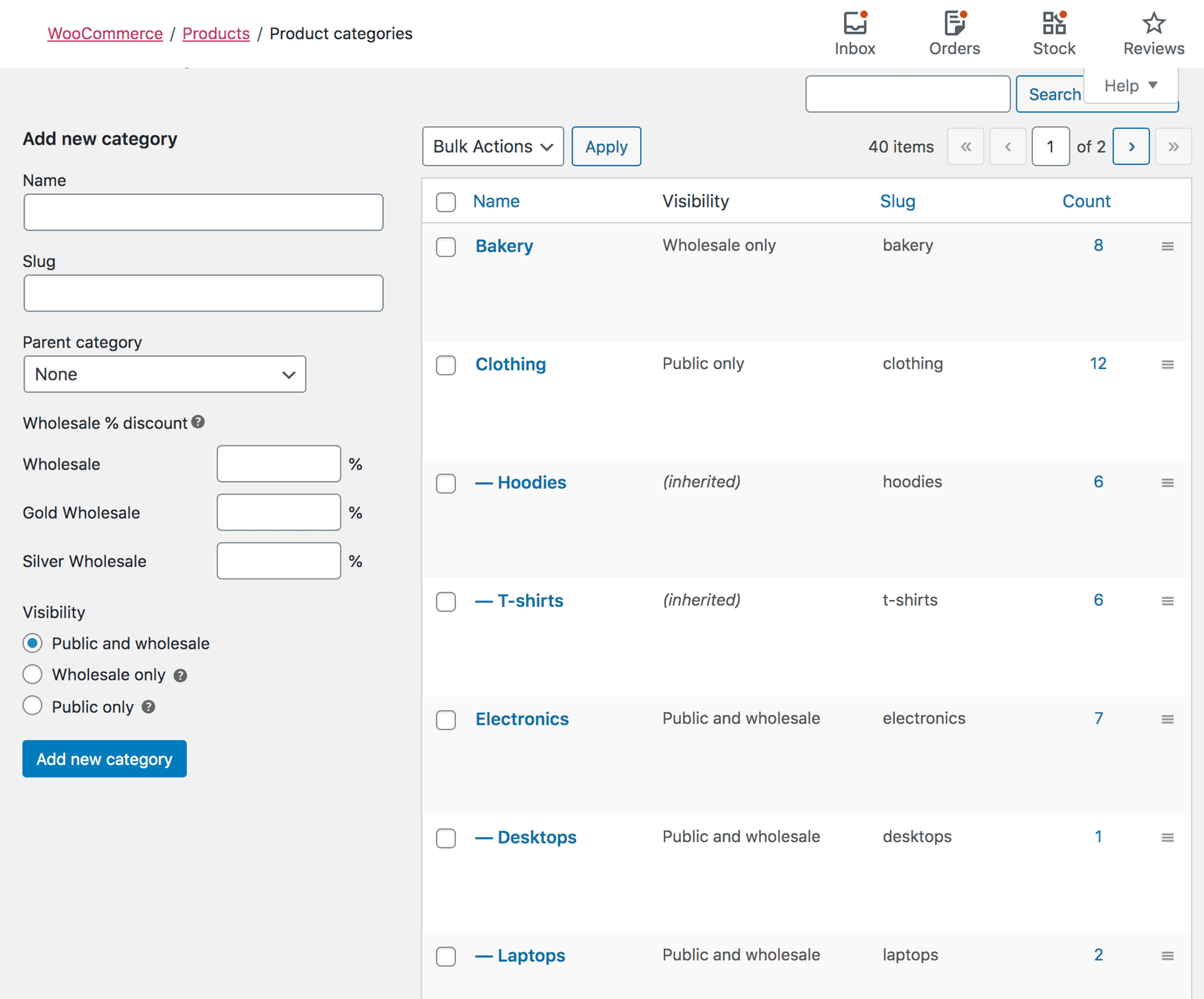 WooCommerce category settings.
