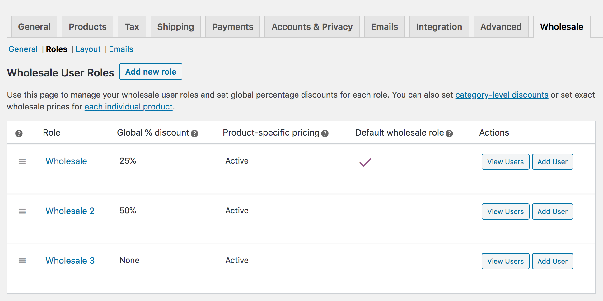 WooCommerce user role settings.