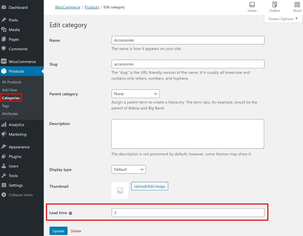 Add lead times to categories