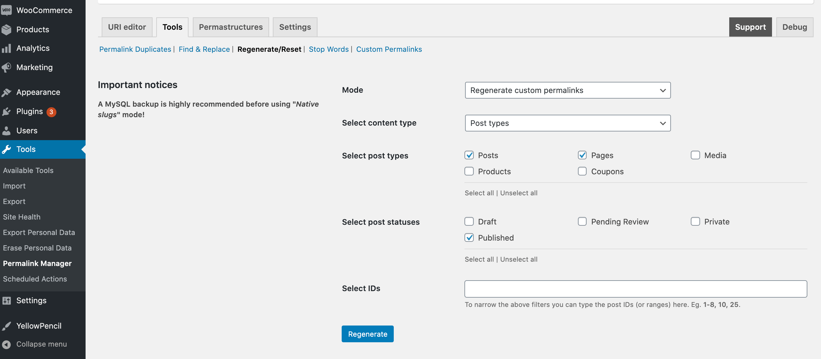 Permalink Manager's "Regenerate" section.