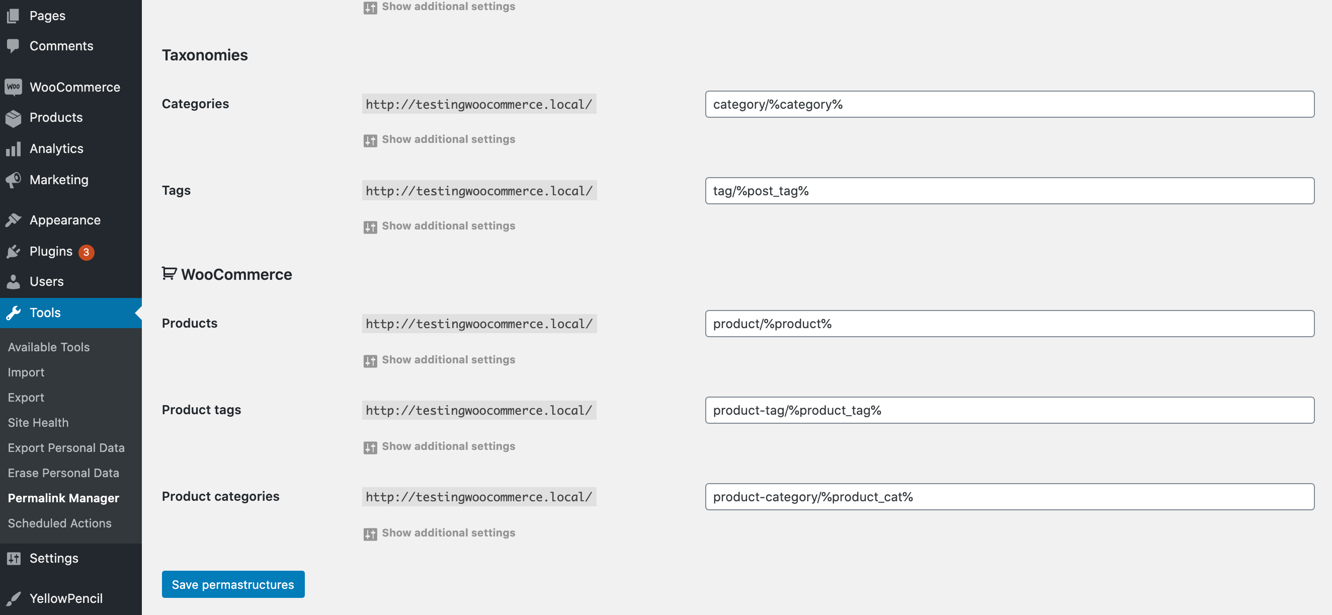 WooCommerce permalinks, as seen in the WordPress dashboard. 