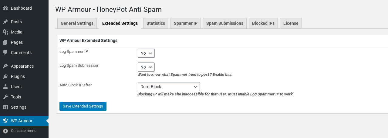The WP Armour Extended settings page in the WordPress dashboard.