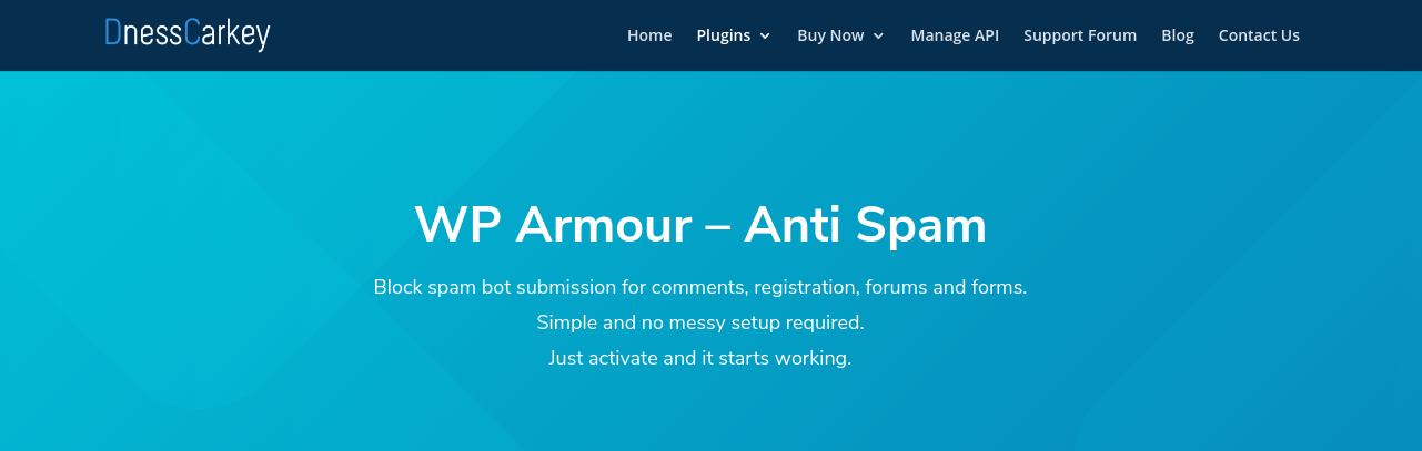 The WP Armour Anti Spam plugin website.