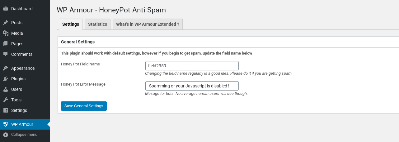 The WP Armour anti spam plugin settings page in WordPress.