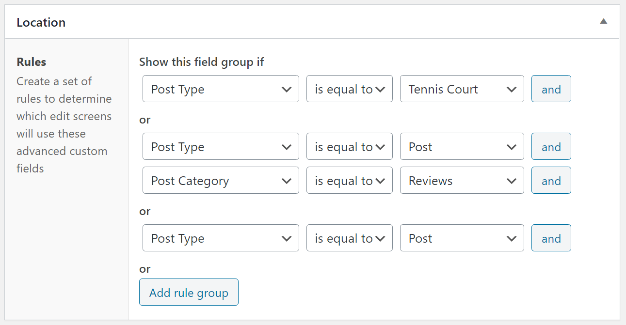 ACF field settings