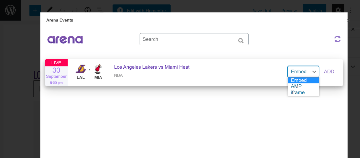 Choose Arena event to insert into WordPress