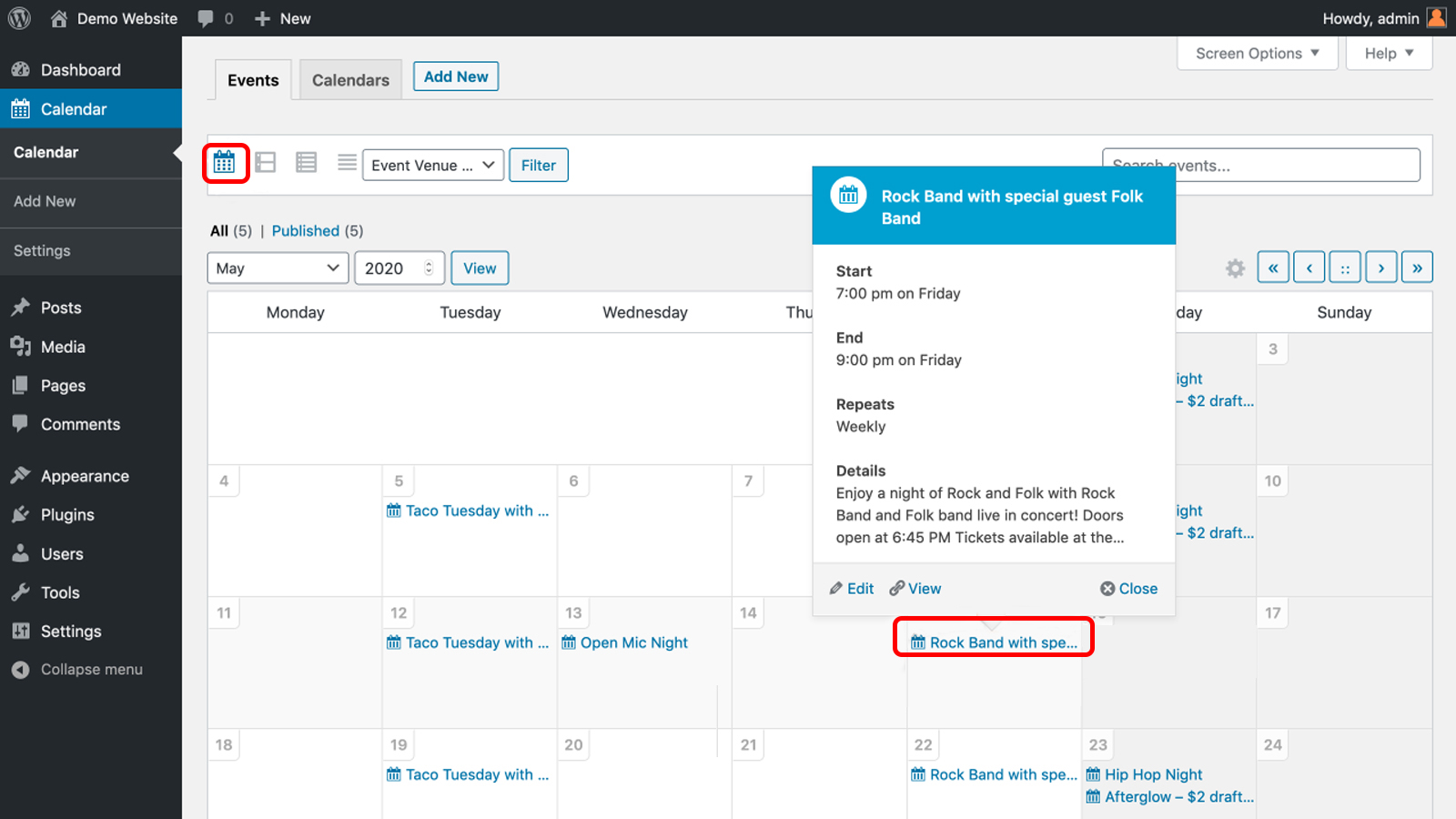 Sugar Calendar dashboard