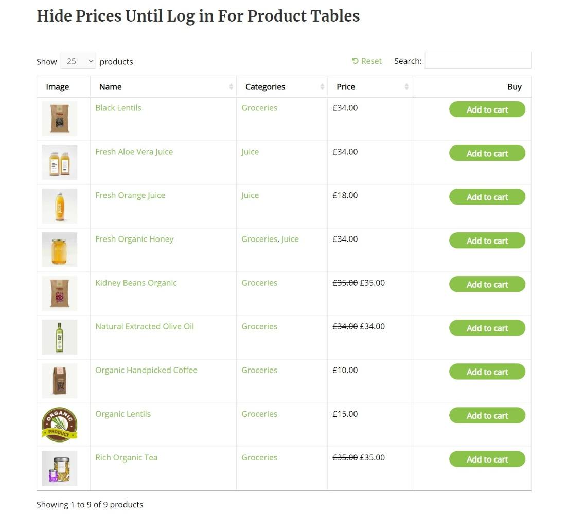 WooCommerce product table with price