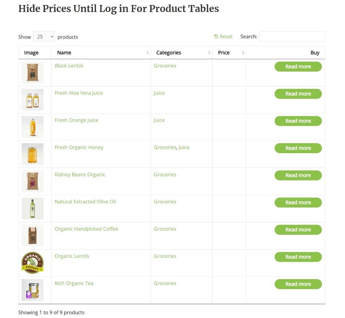 WooCommerce product table with price hidden