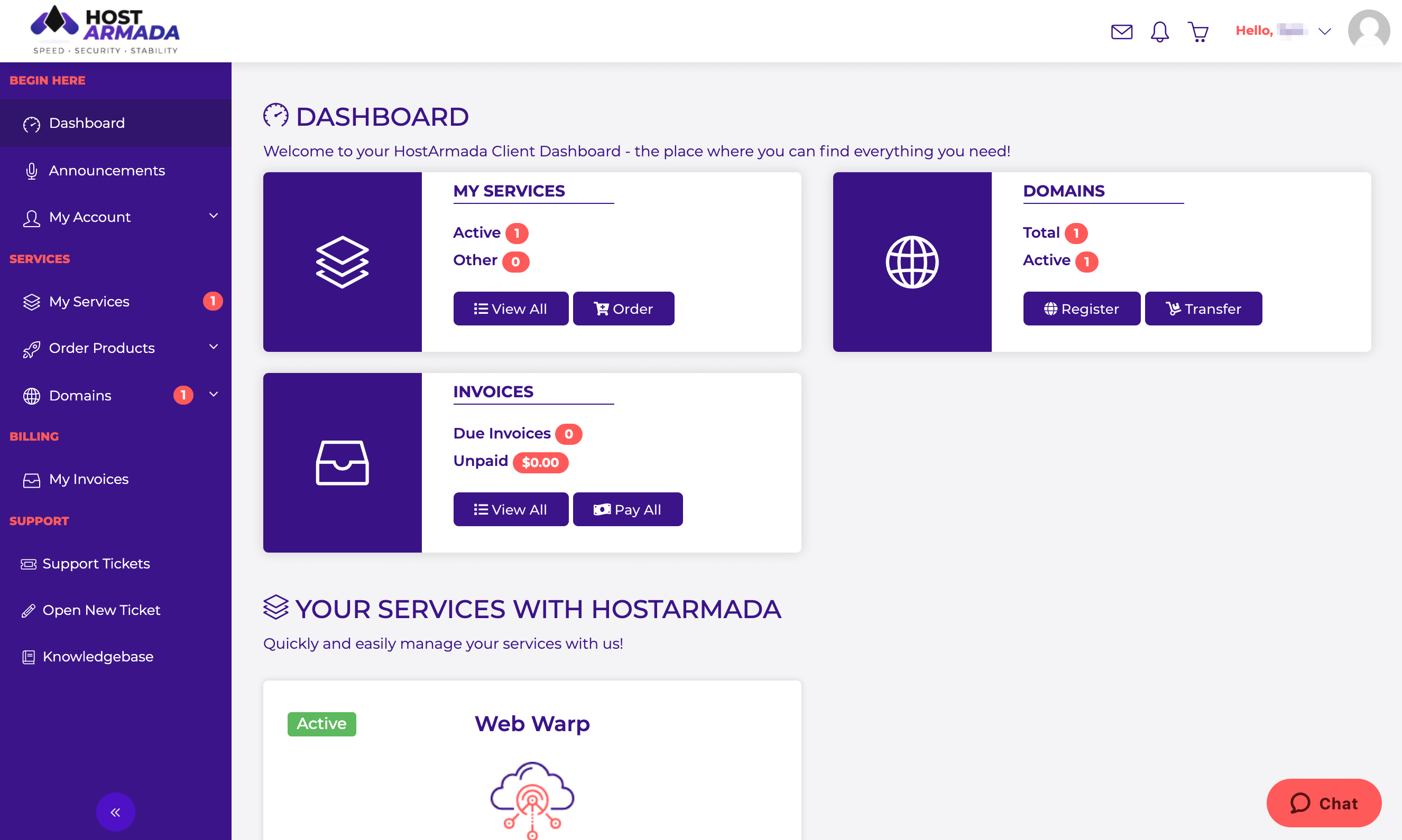The HostArmada account dashboard.