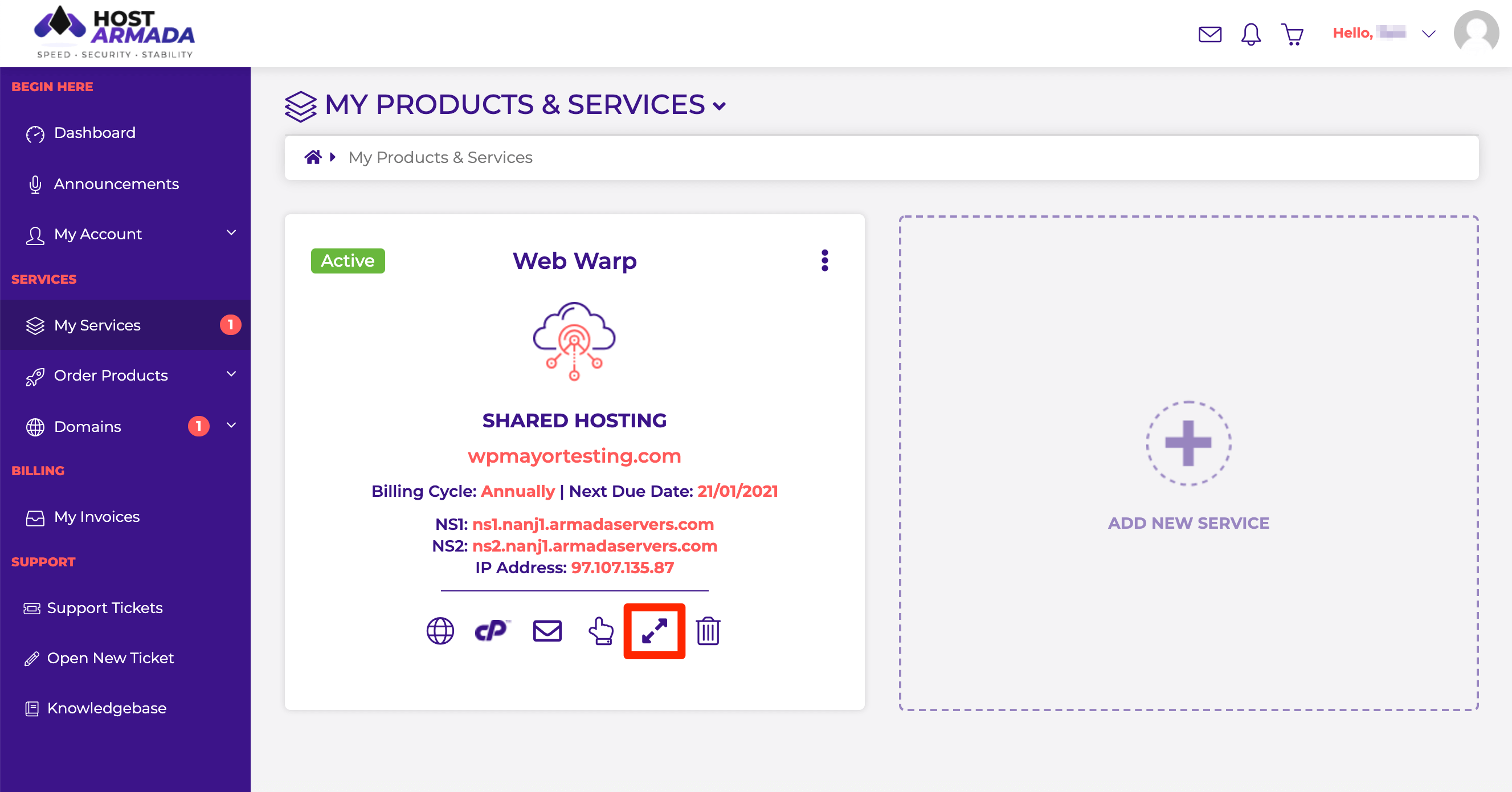 Upgrading your hosting services in your HostArmada account dashboard.