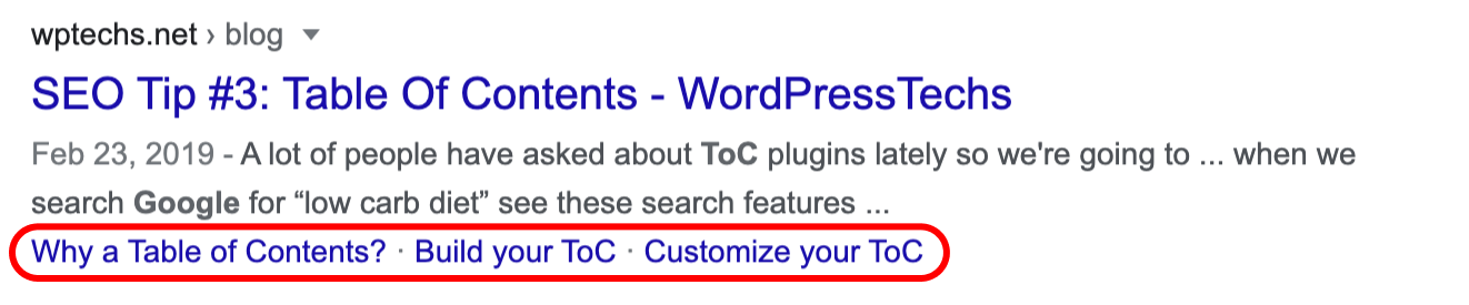 Table of Contents in Google results