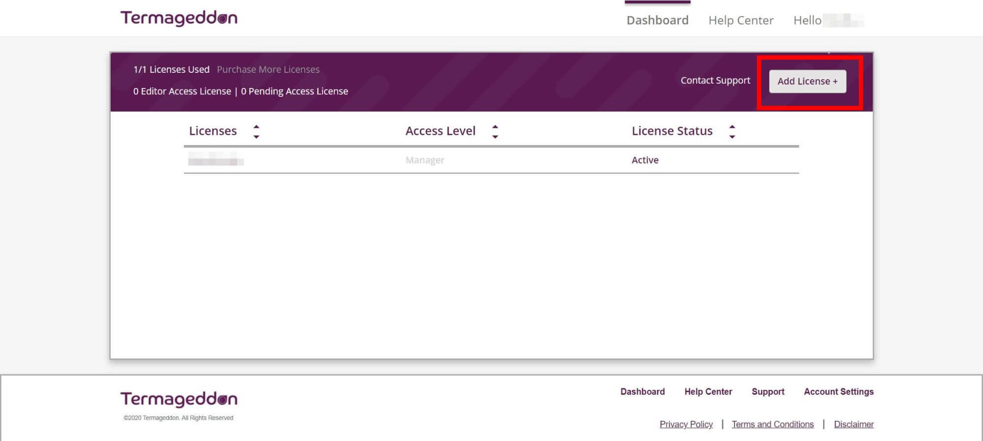 The Add License option.