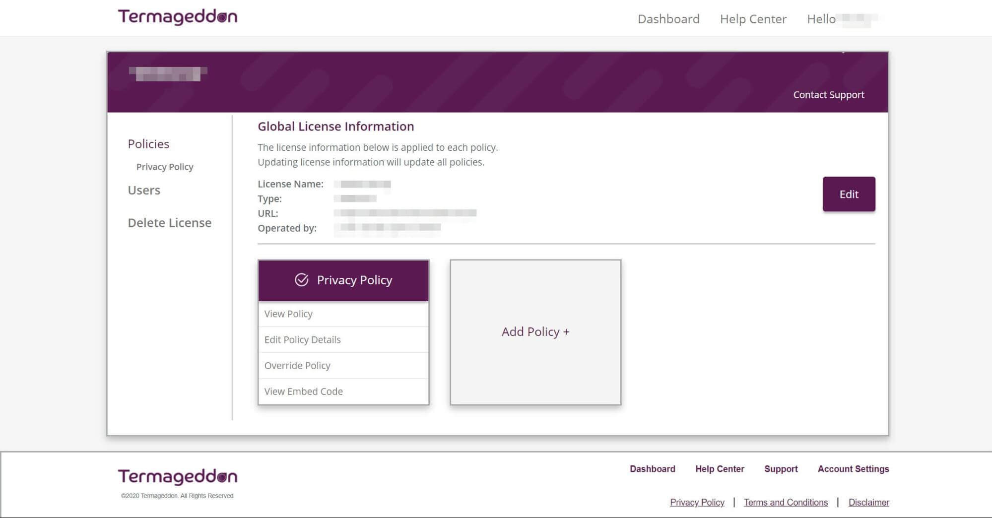 The Global License Dashboard.