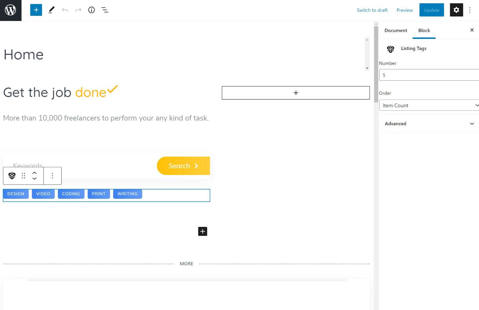 TaskHive block editor settings