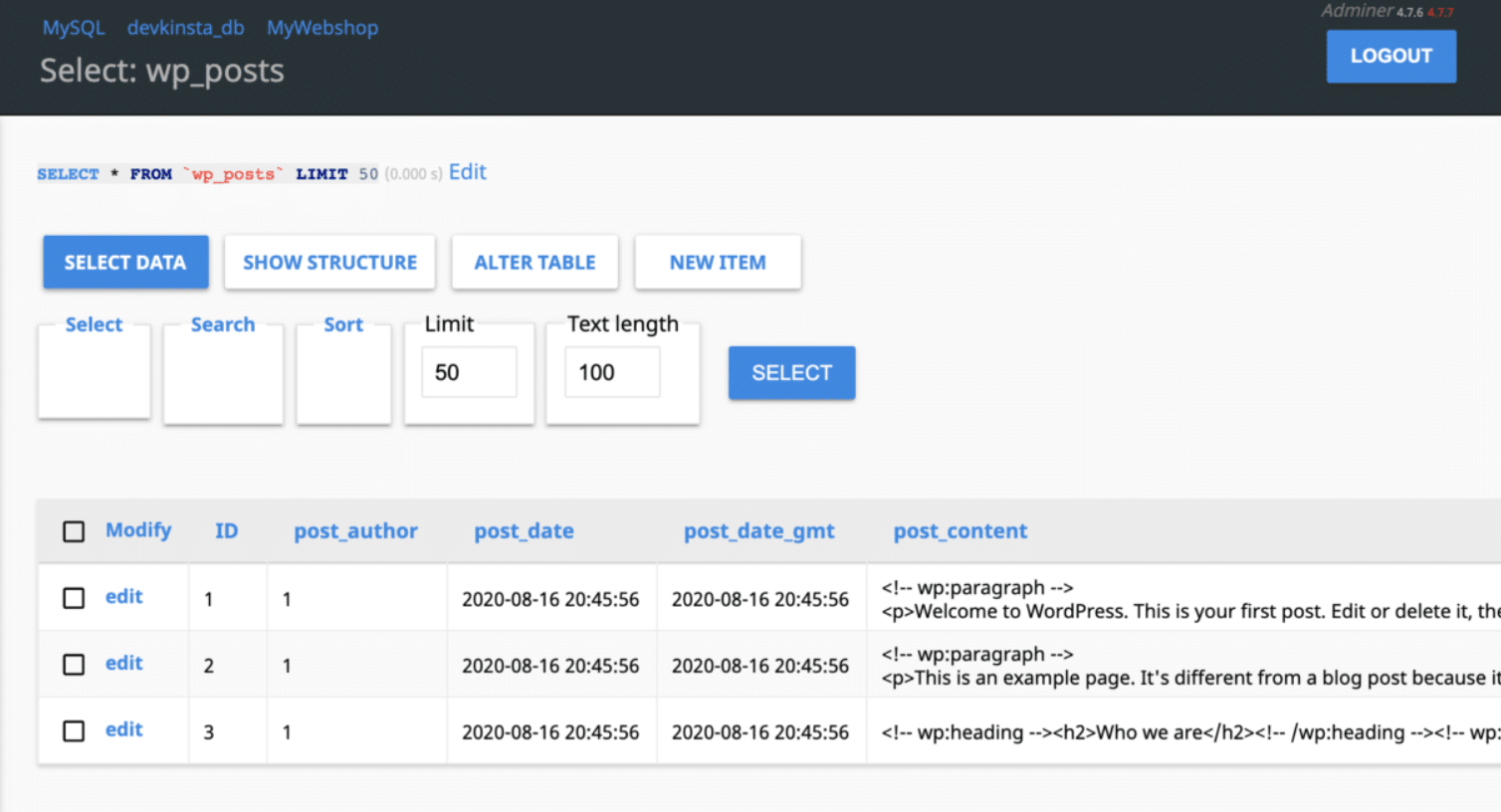 Accessing your local website's database using Adminer