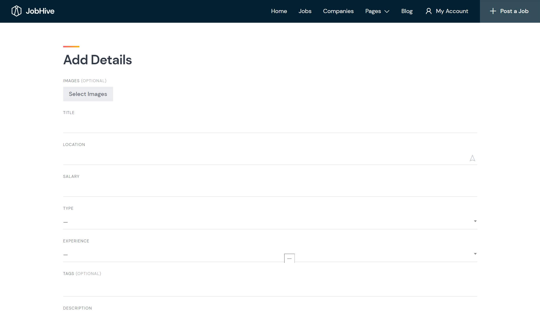 Job details when creating a listing in JobHive.