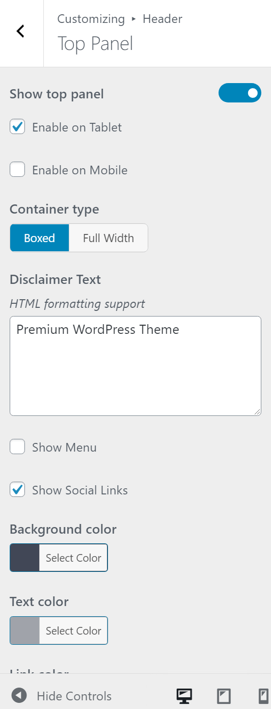 Top panel settings